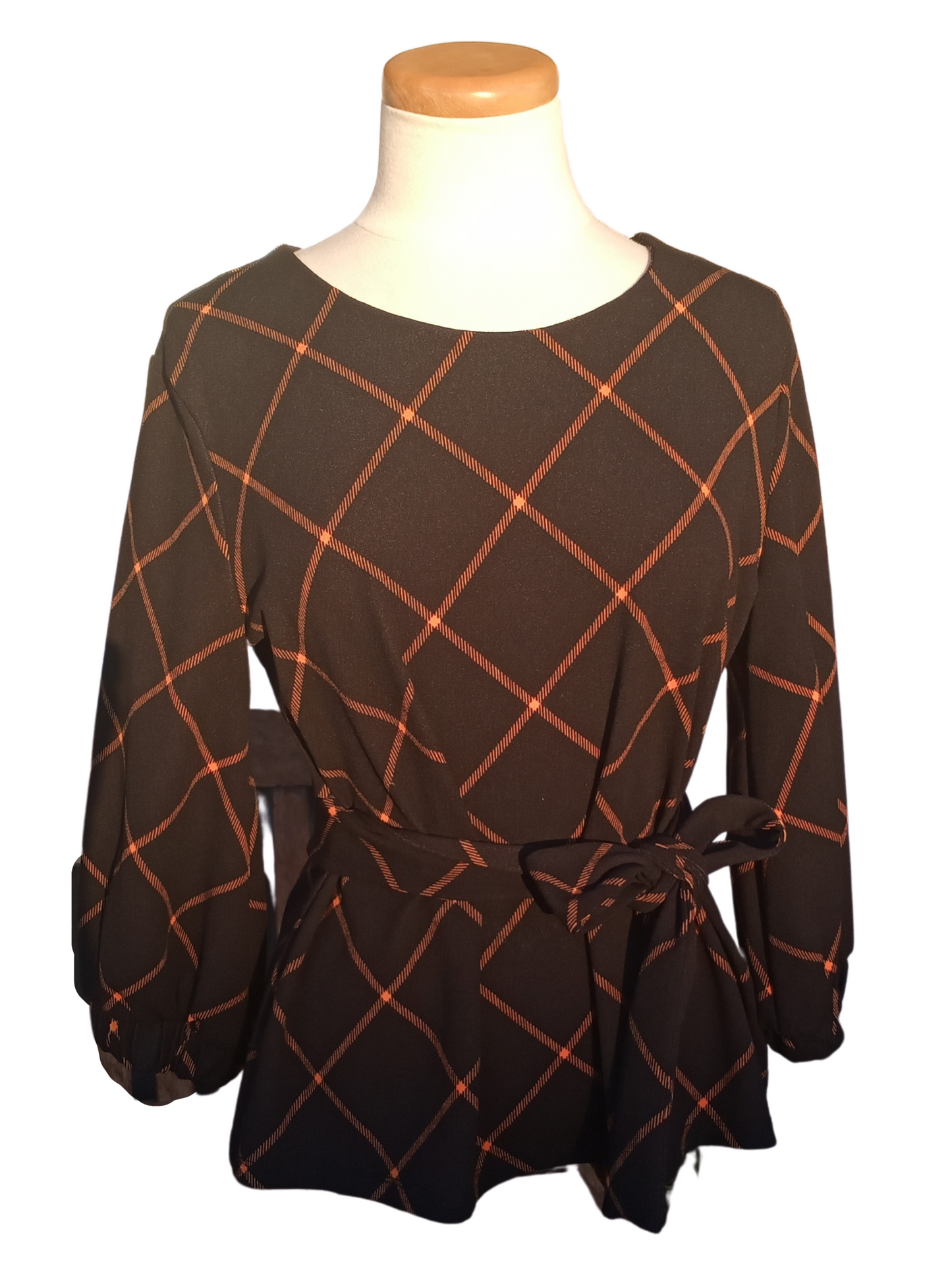 Black & Orange Grid Print Belted Blouse | Worthington