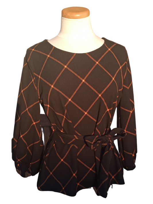 Black & Orange Grid Print Belted Blouse | Worthington